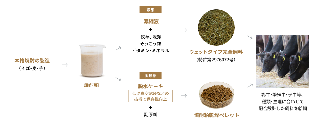 本格焼酎の製造（そば・麦・芋）過程で生じる焼酎粕は、液部と固形物に別れて活用される。液部は濃縮液となり、牧草、殻類、そうこう類、ビタミン・ミネラルと組み合わせてウェットタイプ完全飼料(特許2976072号)になる。固形部は脱水ケーキ[低温真空乾燥などの技術で保存性向上]となり副原料と組み合わせて焼酎粕乾燥ペレットとなる。そしてどちらも乳牛・繁殖牛・子牛等、種類・生理に合わせて配合設計した飼料を給餌される。